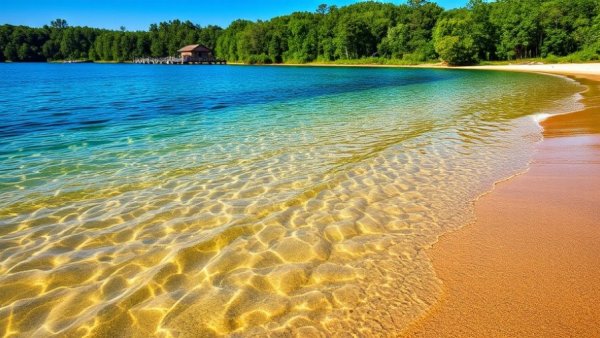 Lake Wateree with yellowish water near shore, indicating contamination.