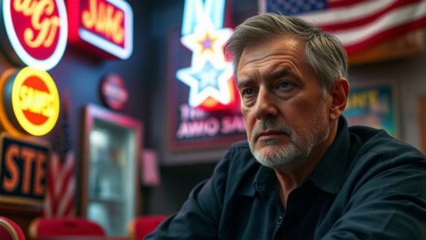 Middle-aged man in dim room with neon and flag background.