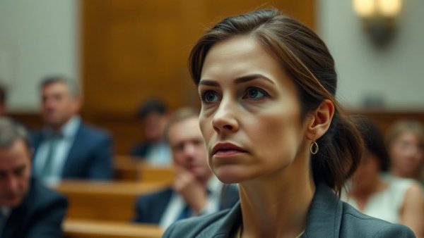 Serious woman in courtroom listening attentively with muted background