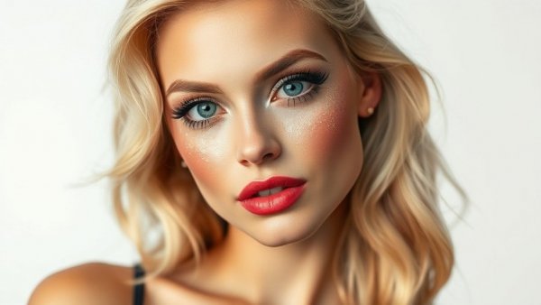 Stylish woman showcasing the body glitter trend with blond hair against a white background.