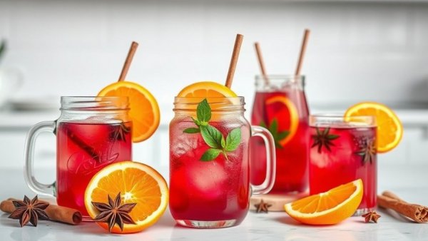 Hibiscus mocktail with orange slices and spices, photorealistic style.