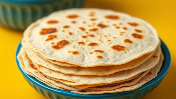 Close-up of homemade tortillas stacked in a blue bowl for a workshop.