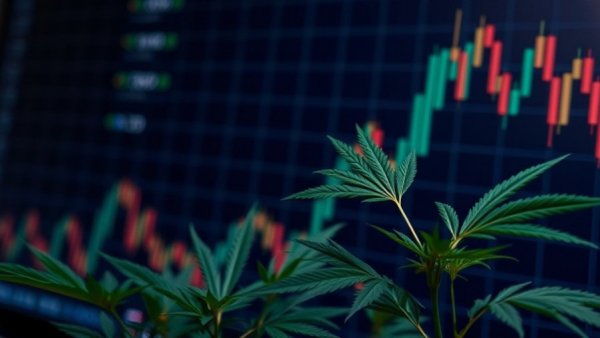 Abstract cannabis graph with declining stock chart background.
