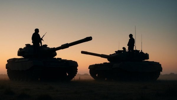 Silhouetted military tanks at dawn during army deployment cancellation.