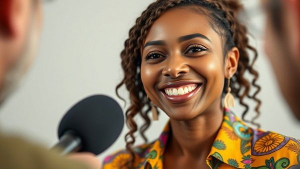 Smiling woman in vibrant outfit interviewed on cannabis banking and lending.