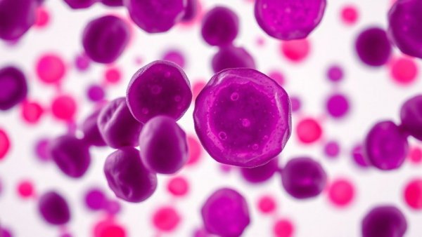 Microscopic view of AML-associated cells in vivid purple.