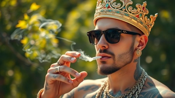 Casually stylish man with tattoos and jewelry enjoying a cigarette outdoors.