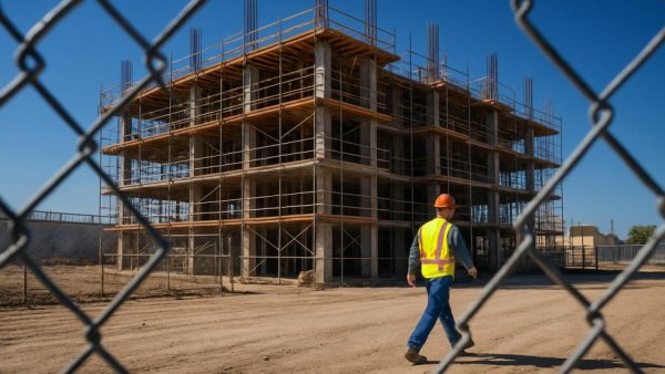 Construction site for housing for homeless veterans seen through fence.