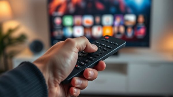 Hand holding TV remote with blurred screen in background, vibrant colors.