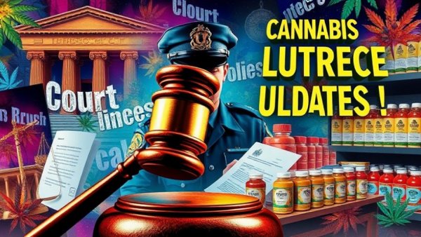 Cannabis industry legal and product update collage with gavel and THC beverages.
