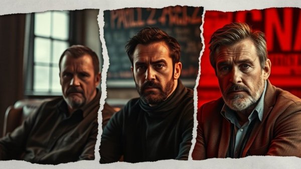 Three-panel portrait depicting intense interview expressions for Alex Murdaugh retrial.