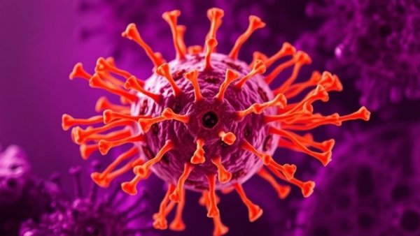 Microscopic view of the Ebola virus in orange and purple.