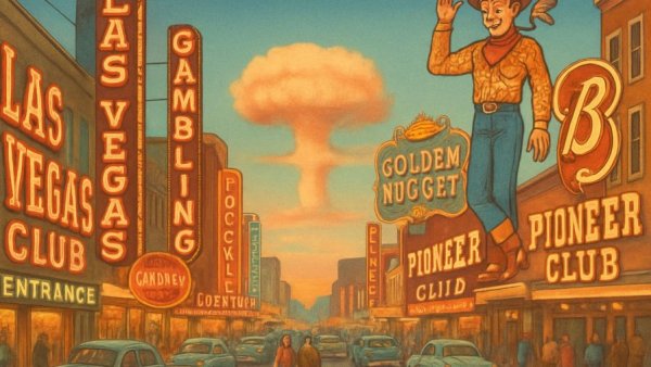 Vintage Las Vegas postcard with neon signs and atomic cloud.