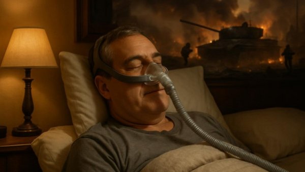 Man with CPAP machine addressing sleep apnea, resources to help disabled veterans.
