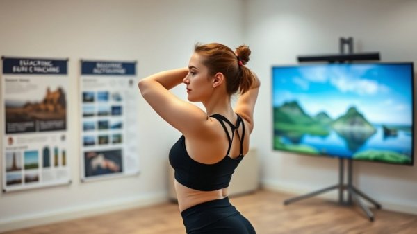 Woman practicing simple movements to reduce pain now, stretching arms, side view.