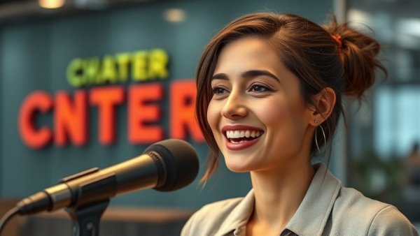 Woman speaking into a microphone in an interview setting.