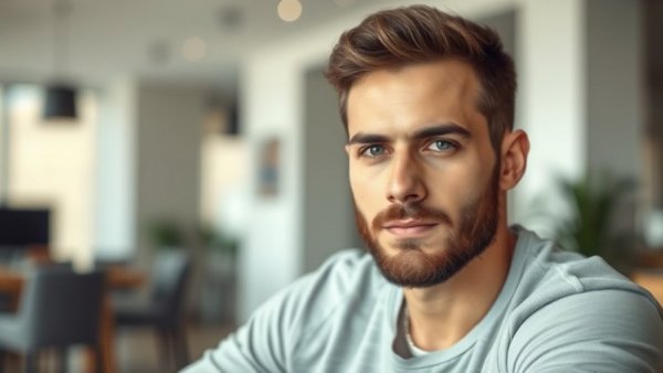 Portrait of a bearded man with a neutral expression indoors