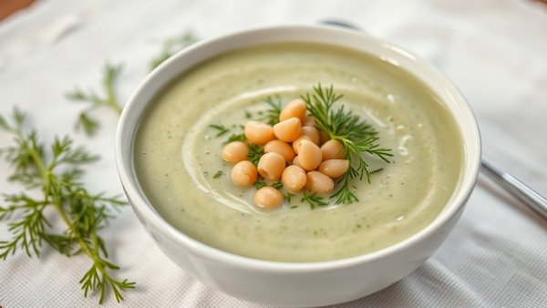 Refreshing cold cucumber soup with garbanzo beans and dill garnish.
