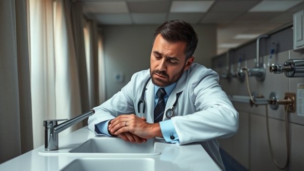 Doctor burnout survey: tired doctor leaning over sink.