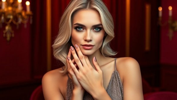 Elegant woman showcasing taupe nail polish trends.