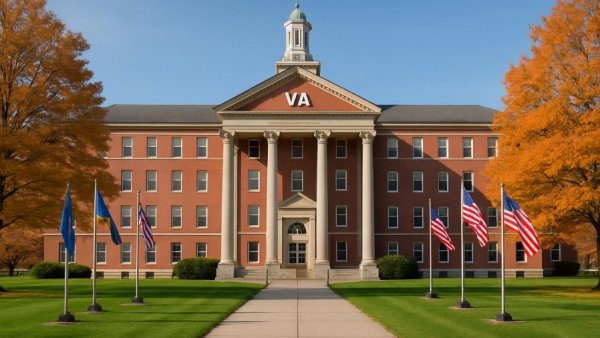 Brick VA hospital with flags, highlighting quality ratings.