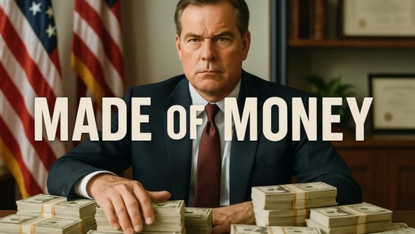 Confident man with money stacks in office, highlighting hidden VA benefits for military veterans.