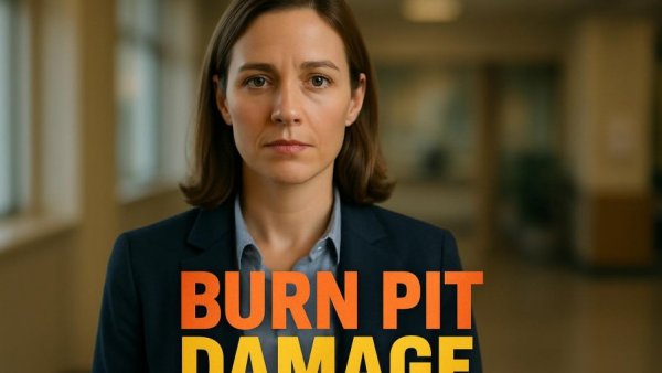 Informational video on burn pit damage with professional woman.