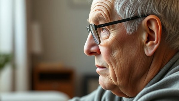 Elderly person in close-up profile, thoughtful and calm expression.
