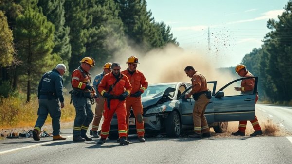 Samaritans assist crash victims near overturned car on roadside.