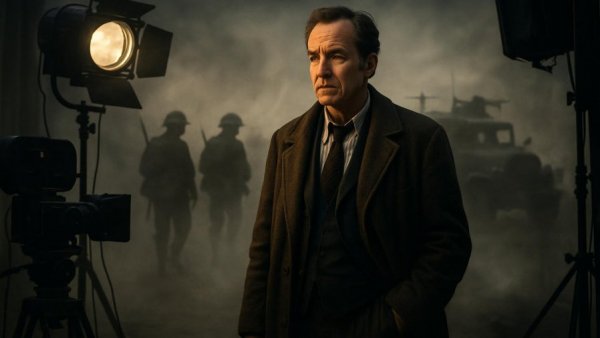World War II documentary set with thoughtful man and battle silhouette.