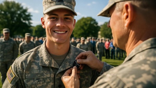 19-year-old soldier receives insignia at military ceremony.