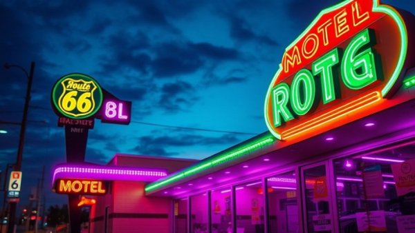 Route 66 neon-lit motel exterior at dusk with nostalgic signs.