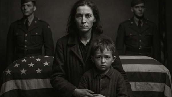 Post-WWII military families choices, woman and child with flag-draped casket.