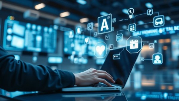 AI platform terms for businesses laptop with digital interface.