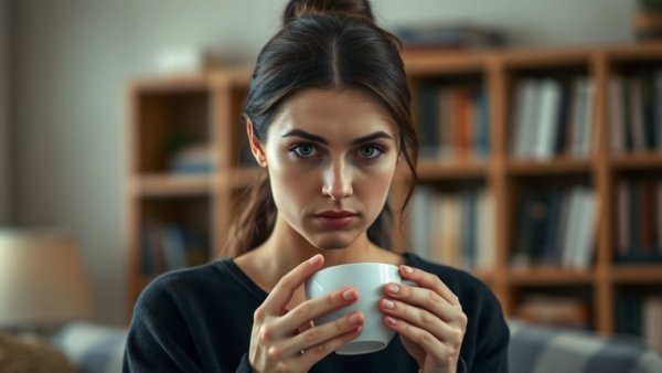 Higher caffeine intake linked to greater depression severity, young woman with coffee.