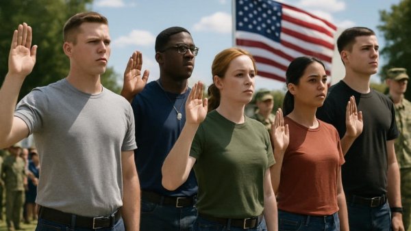 Recruits taking an oath during an army enlistment ceremony outdoors.