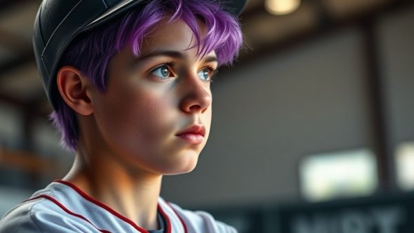 Young player with purple hair in Diamondbacks jersey, contemplative