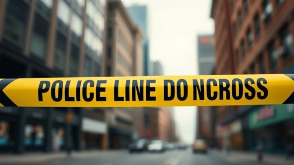Police tape in urban setting at crime scene.