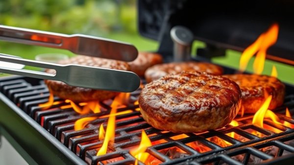 Grilling burgers on BBQ with smoke and flames outdoors, cannabis-infused BBQ recipes.