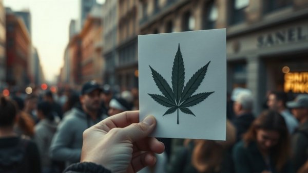 Hand displaying cannabis leaf cut-out in city crowd.