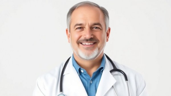 Smiling male doctor with stethoscope and white coat against white background.