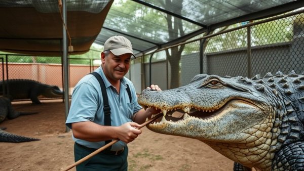 Caretaker interacting with crocodile at Phoenix Herpetological Sanctuary