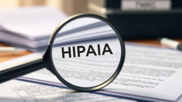 Close-up magnifying glass highlighting HIPAA on document.