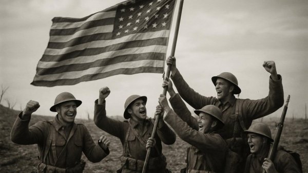 Military enthusiast: soldiers raising American flag in historical war photo.