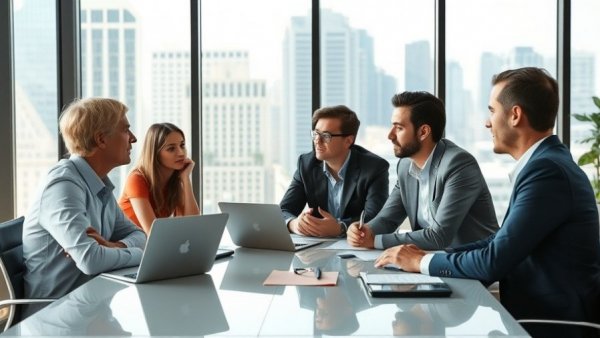 Team discussing internal differentiation strategy in modern office