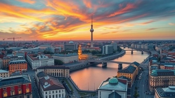 Aerial view of Berlin cityscape at sunset, showcasing iconic landmarks.