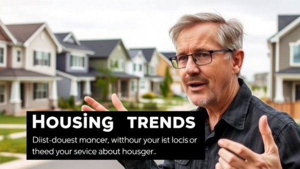 Housing market explanation amid modern homes background with text.