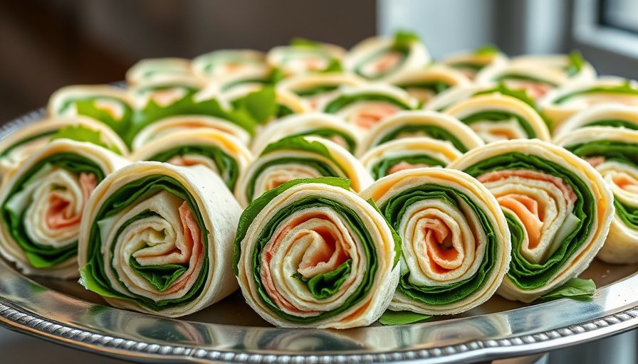Vibrant pinwheel sandwiches neatly arranged on a platter.