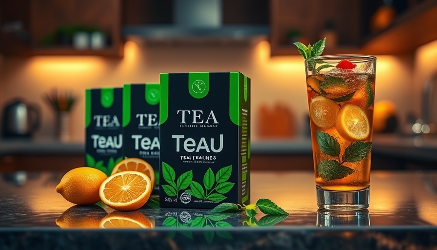 Colorful Tea Burn weight loss packaging with fruits and iced tea.