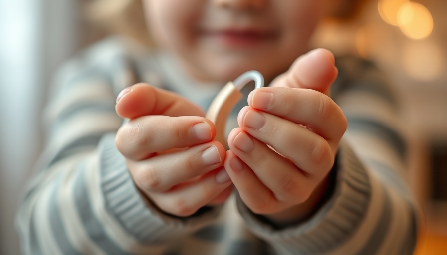 Child's hands holding a hearing aid in a fitting process.